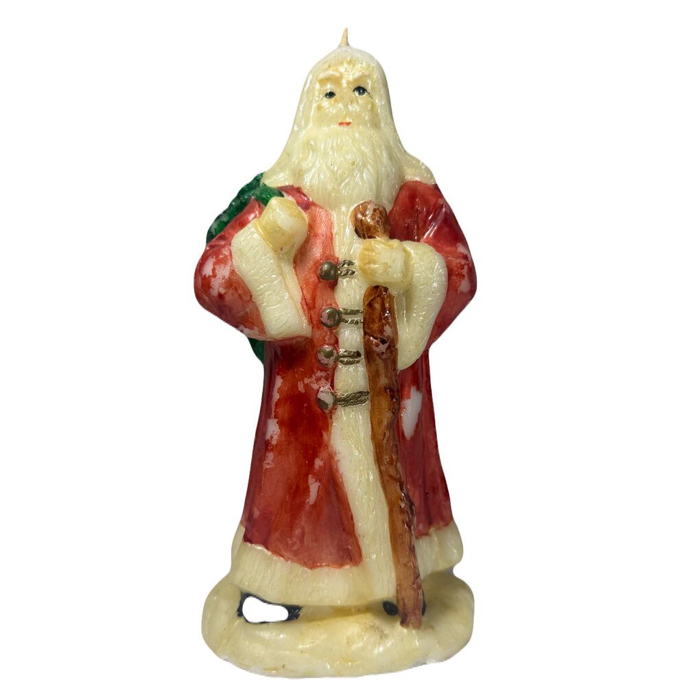 Vintage Santa Claus Figural Candle 9" Christmas Wax Figure Toy Sack Staff